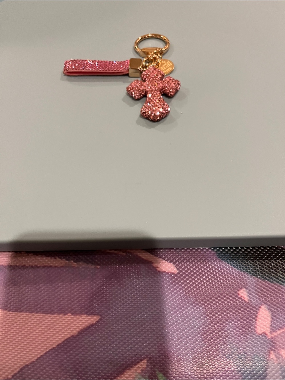 Pink Crystal Cross Keychain with Wrist Strap
